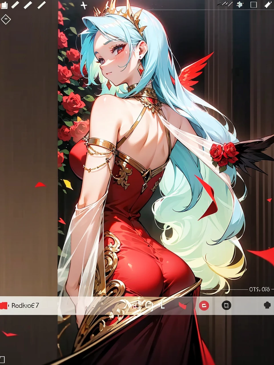 Add in roses to her dress, a good back dress design with some golden jewelry, make her dress into a red and white gown with a hat, give her some unique Jewelry, and make her look somewhat of a demonic angel like appearance to her