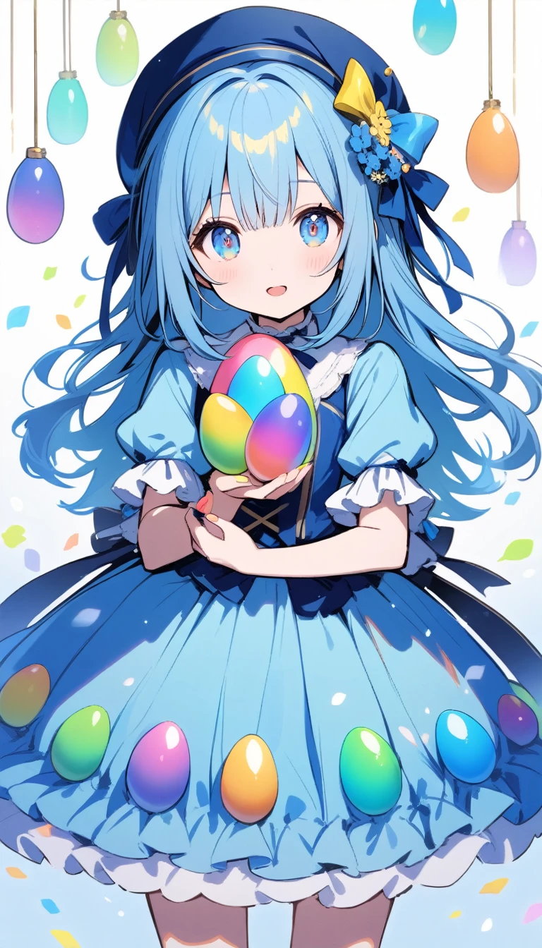 Girl holding rainbow colored eggs, Blue Hair, blue eyes, Beautiful and cute blue dress, from the front, 