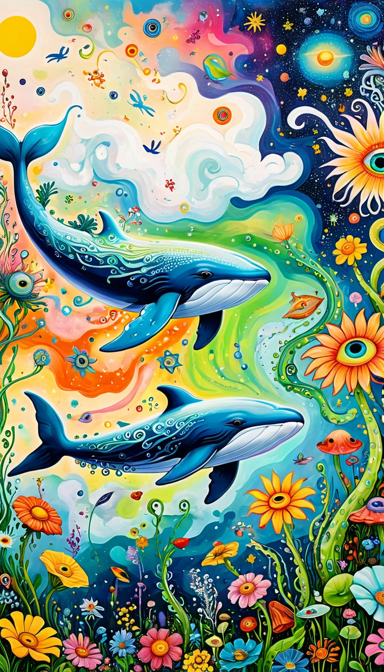 Children's graffiti,Thick coating,Concave and convex texture,Oil pastel strokes:Artists from the stars,Flying Whale:1.37、White Cloud、flowesh、Tentacles、bird、(((Eye)))、diatom,Abstract mosaic painting,Describing the inner world of autistic people,Large area of white,interesting,Innocence,Vision,Psychedelic Art,