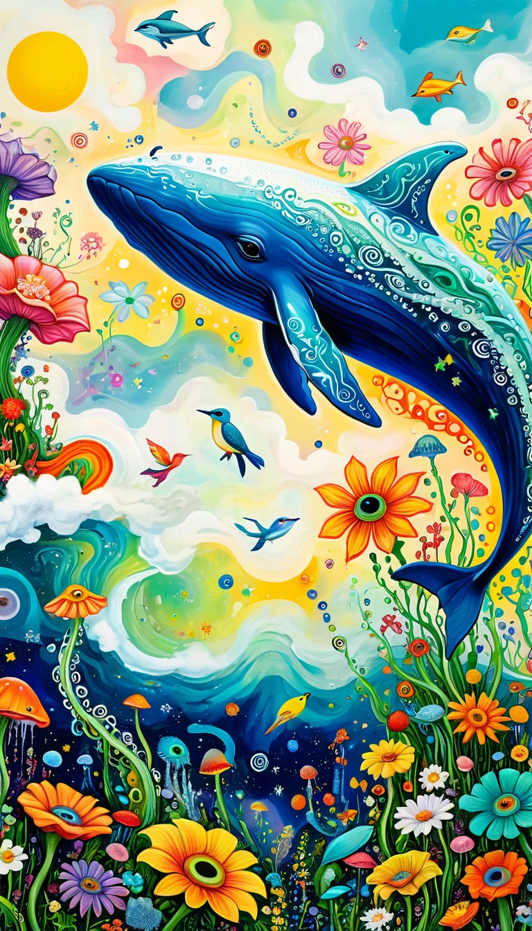 Children's graffiti,Thick coating,Concave and convex texture,Oil pastel strokes:Artists from the stars,Flying Whale:1.37、White Cloud、flowesh、Tentacles、bird、(((Eye)))、diatom,Abstract mosaic painting,Describing the inner world of autistic people,Large area of white,interesting,Innocence,Vision,Psychedelic Art,