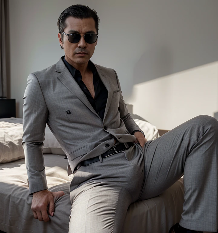50 years old,One Man,Grey suit,mafia、Bedroom,legs wide open,Boss sitting、The crotch area of the pants is bulging,logic,Gay ,Very short slicked back hair,Stubble,Asian Faces,Handsome Dad,Black sunglasses。chest hair。Scream。
