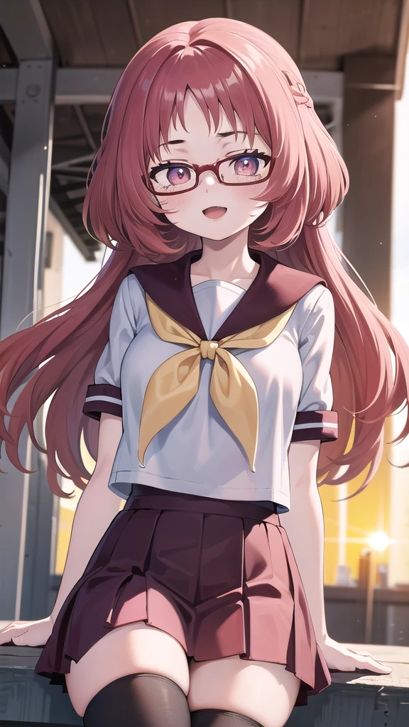 Masterpiece, perfect lighting, (beautiful, Best quality: 1.3), Perfect eyes, absurd, 8k, 1 girl, alone, (absurds), finely detailed, very large, Violet eyes, red hair, red glasses, small breasts, smiling , open mouth, in love, looking at viewer, posing flirtatiously, thighs, glasses, wide, black stockings, Serapuku, sailor collar, yellow scarf, white shirt, red dress, red hair, sitting in the park at the sunset