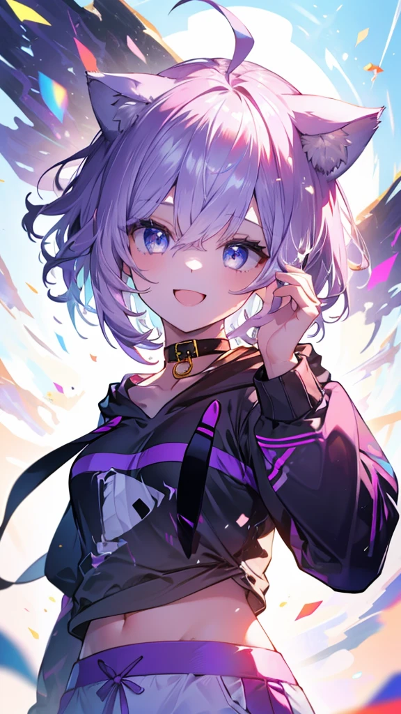 (Ultra-high resolution,masterpiece, Attention to detail, Highest quality), 8k,(aaokayu, short hair, ahoge, animal ears, cat tail, animal collar, black collar, collarbone, print hoodie, black hoodie, long sleeves, midriff, white pants),(Blessed,Captivating body、Ultra-detailed skin、Super beautiful eyes、Detailed Background),One girl、 (cheerful ,enjoy :1.5),