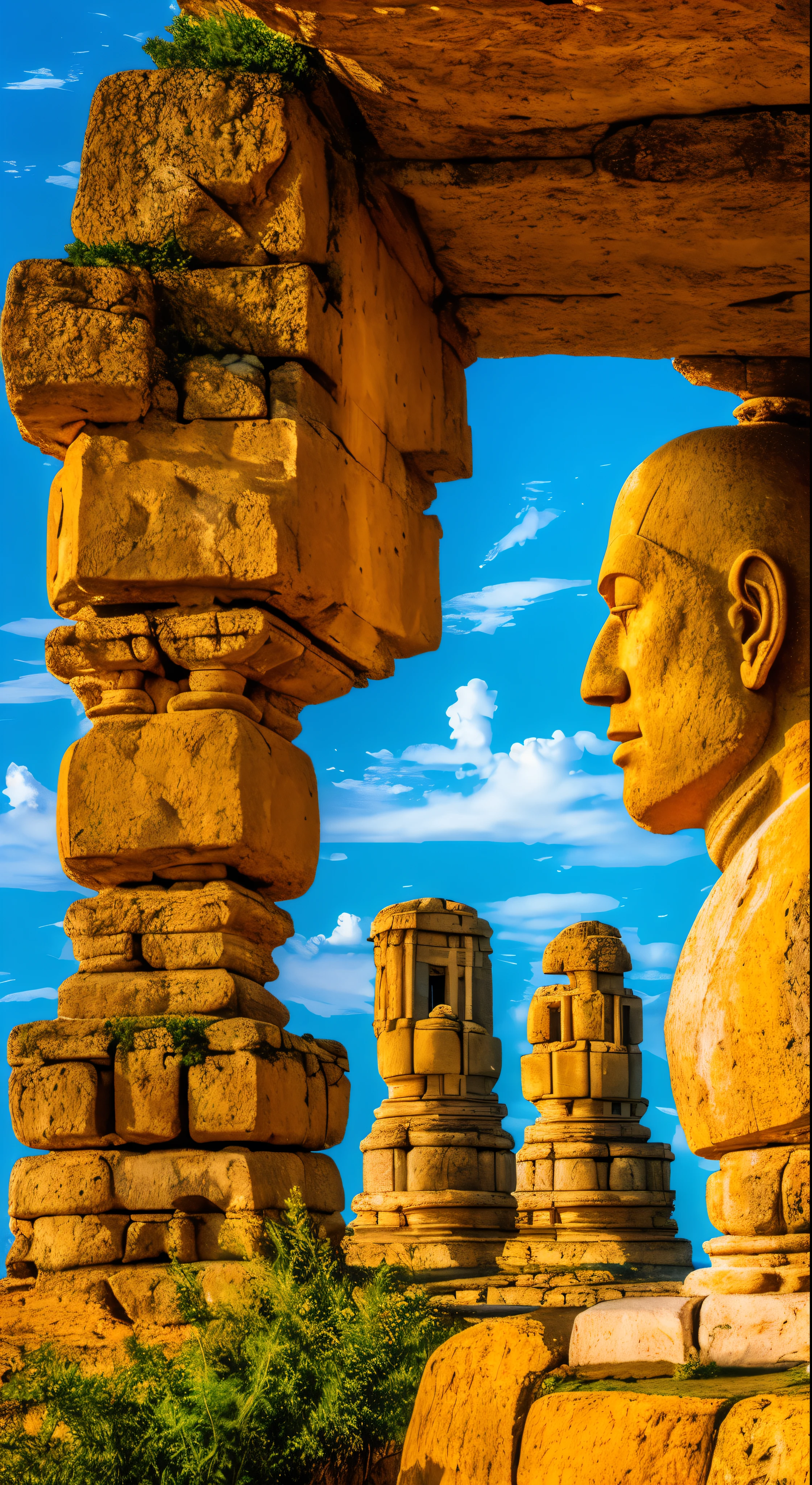 (masterpiece, best quality:1.2), super detail, cinematic lighting, HDR, illustration, Giant stone heads as habitat amid the sea, colorful,  monks in procession, mystery, highly detailed, high contrast, golden ratio composition, epic view, masterpiece,