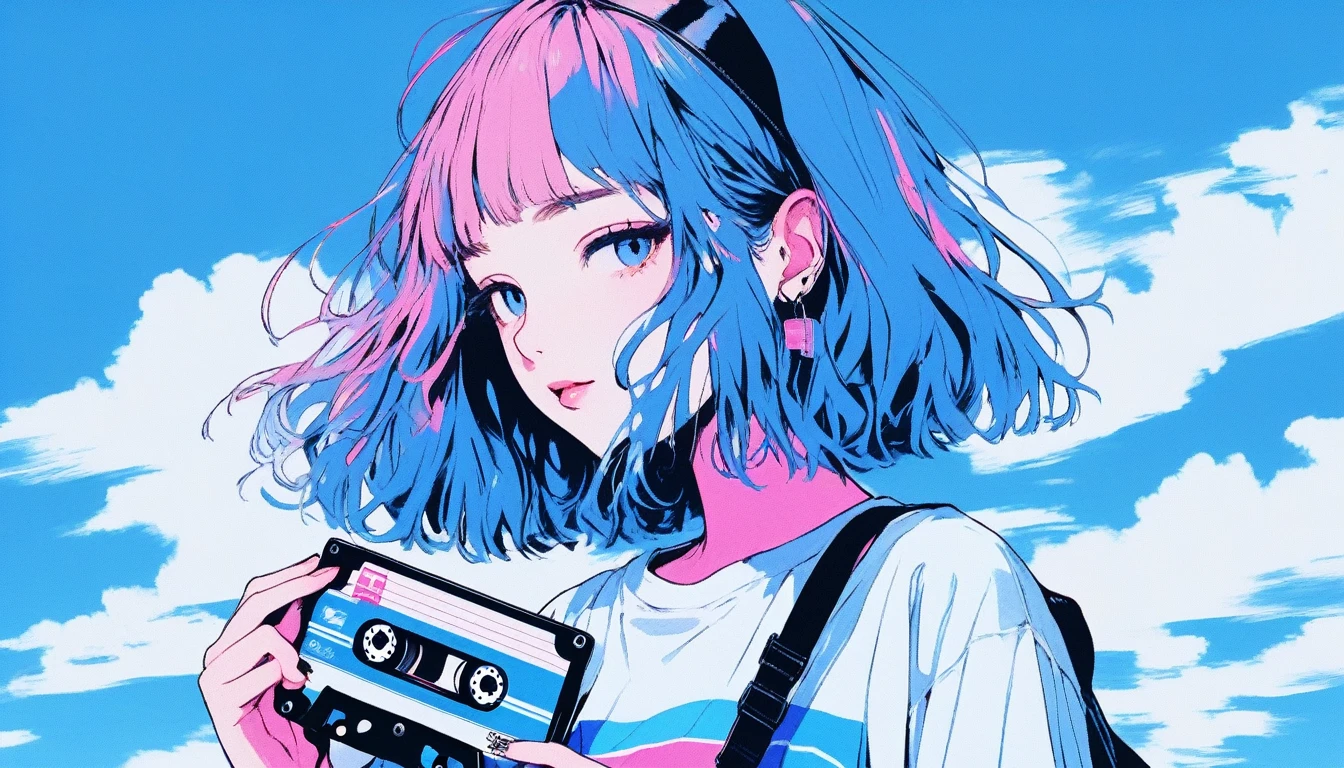 Illustrator, anime , Realistic ,sketch , 1 Girl, ,lip, ｔshirt，order, Blue gradient background, summer、Neon Hair,Textured Trim, Canadian, (masterpiece,Highest quality) Cancer、Landscape、The cassette tape placed at the front、Realisticなカセットテープの大きさ、Cassette tape facing forward