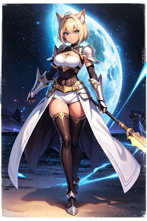 Anime Art、Full body portrait、Fantasy World Berserker、A dark-skinned woman with cat-like ears and a tail, around 180cm tall and around 37 years old, wearing silver armor and white shorts and holding a huge halberd.、Bossy smiling face、Her hairstyle is short and medium length.、Blonde、Blue Eyes、Wears gloves, silver arm guards, silver leg guards and shoulder armor