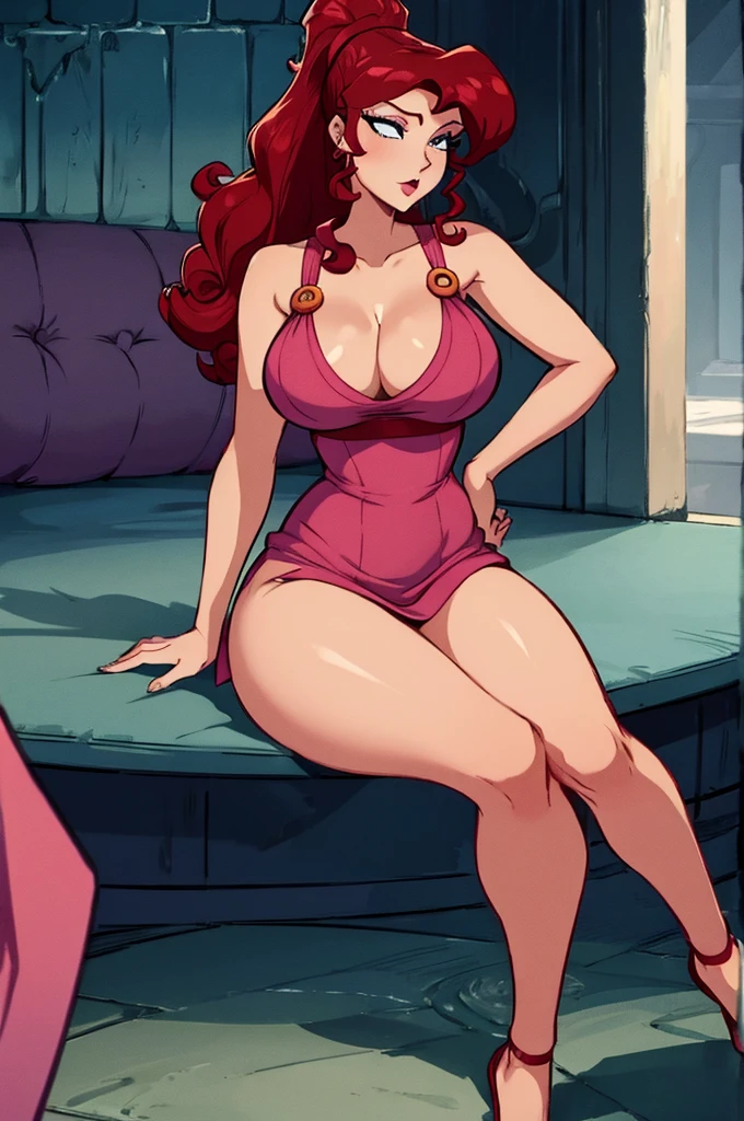 Megara - hot sexy red hair girl in pink dress, big tits, thick legs