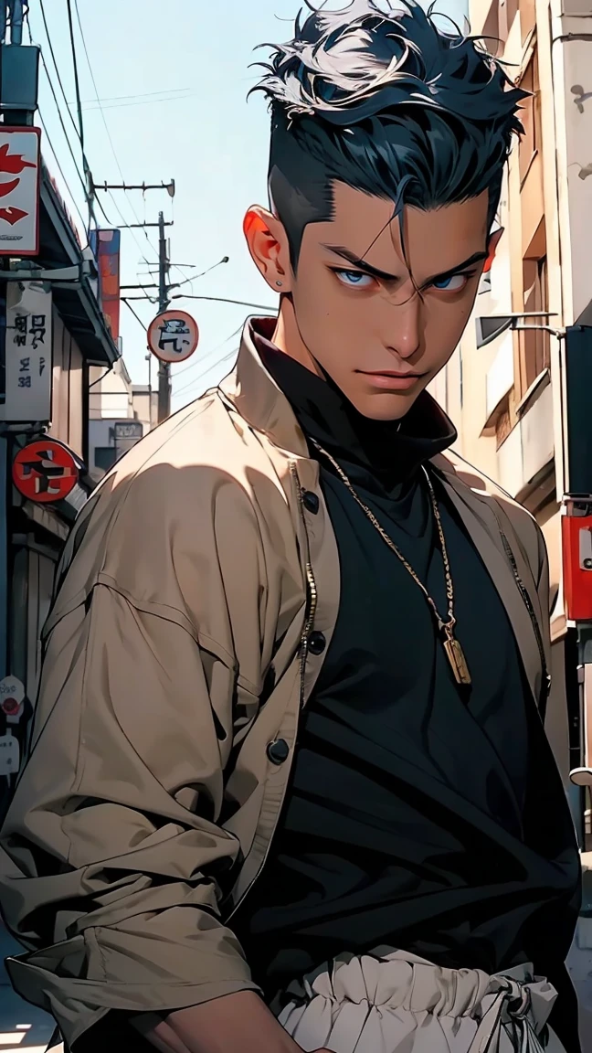 highest quality, 8K, high resolution image, anime style Jujutsu Kaisen, detailed strokes, slightly tanned skin, blurry, smile, purple light reflecting from it, (close angle), 1 man, young, male, model, cool guy, muscular, blue Eyes, light blue hair very short hair, brown hair, short hair, hairstyle: undercut, hair slicked back, swollen chest, he is wearing a jacket Naked torso, and sweatpants, holding a katana in his hand, swordsman pose, gold link chain, background: city, Tokyo, business district, he is a swordsman