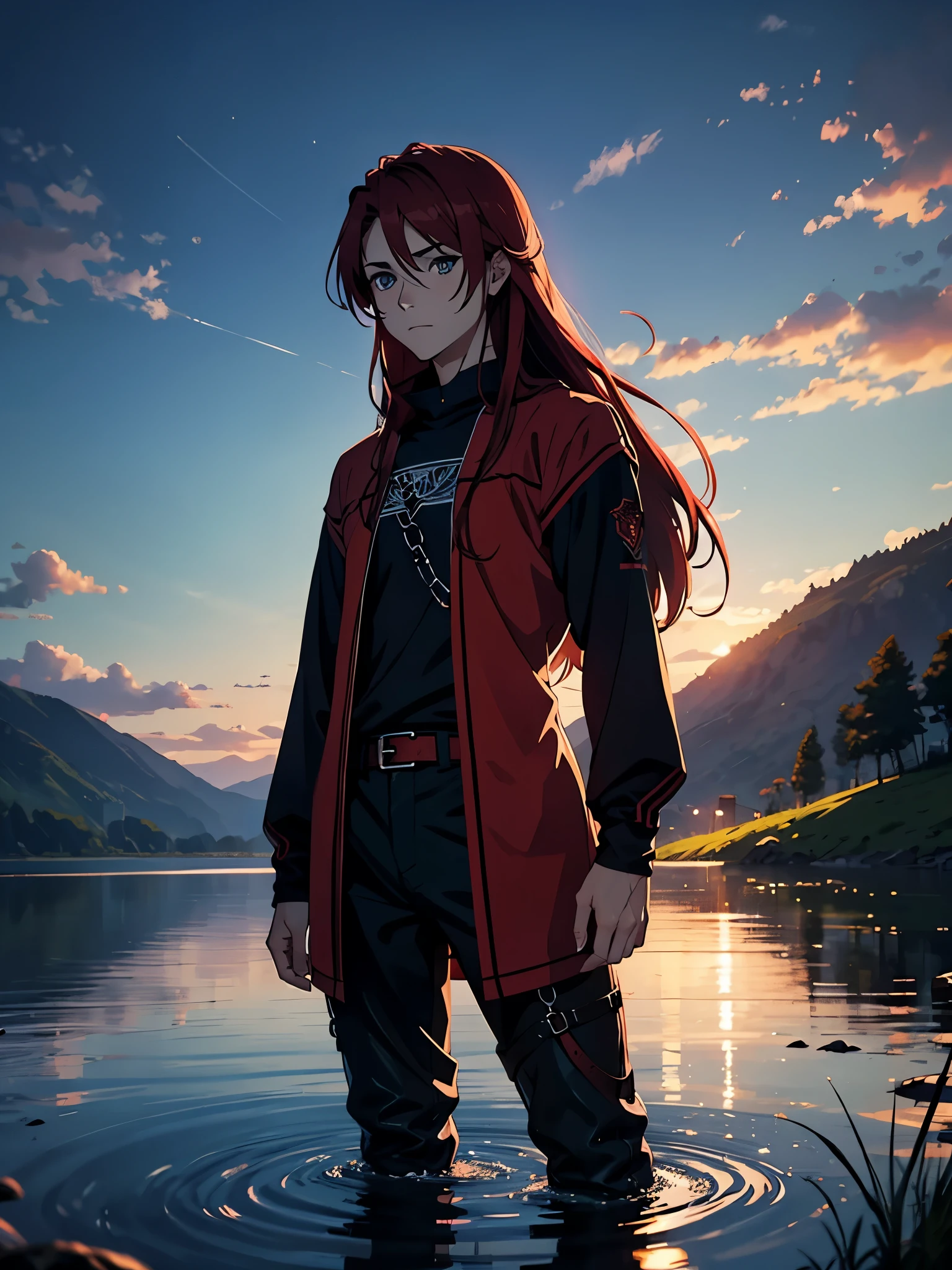 Runen magier. More anime style. blue flames. 2d. flatter. anime style. Viking clothing. soft. More anime. Standing in a lake. More anime. More 2d. Clean. More anime. 2d. Glow. Red hair. More anime. male. Long hair. long red hair. boy, vikings. red hair. Blue eyes. fire.