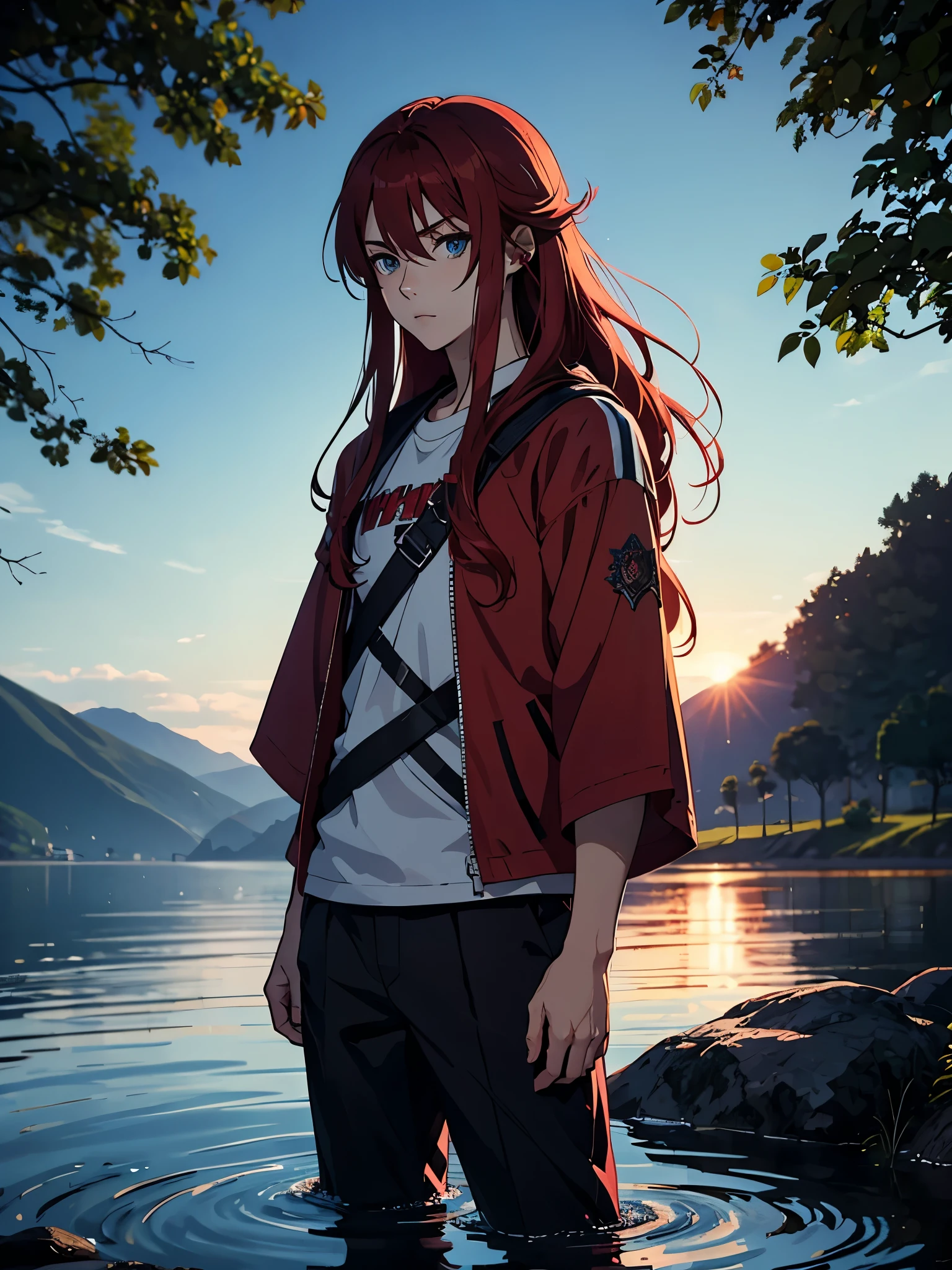 Runen magier. More anime style. blue flames. 2d. flatter. anime style. Viking clothing. soft. More anime. Standing in a lake. More anime. More 2d. Clean. More anime. 2d. Glow. Red hair. More anime. male. Long hair. long red hair. boy, vikings. red hair. Blue eyes. fire. 