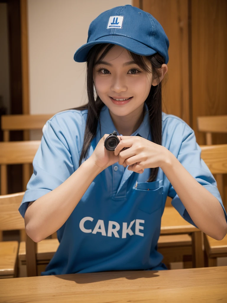 A 30-year-old Chinese carpenter is making a table out of wood. He is wearing a blue work uniform and a blue hat. The "JSP" logo is written on both the hat and clothes. A smiling expression. The furniture material used to make the table should be natural light brown wood, with a thumbs up gesture. Solid pine wood with indoor background, captured with a DSLR camera