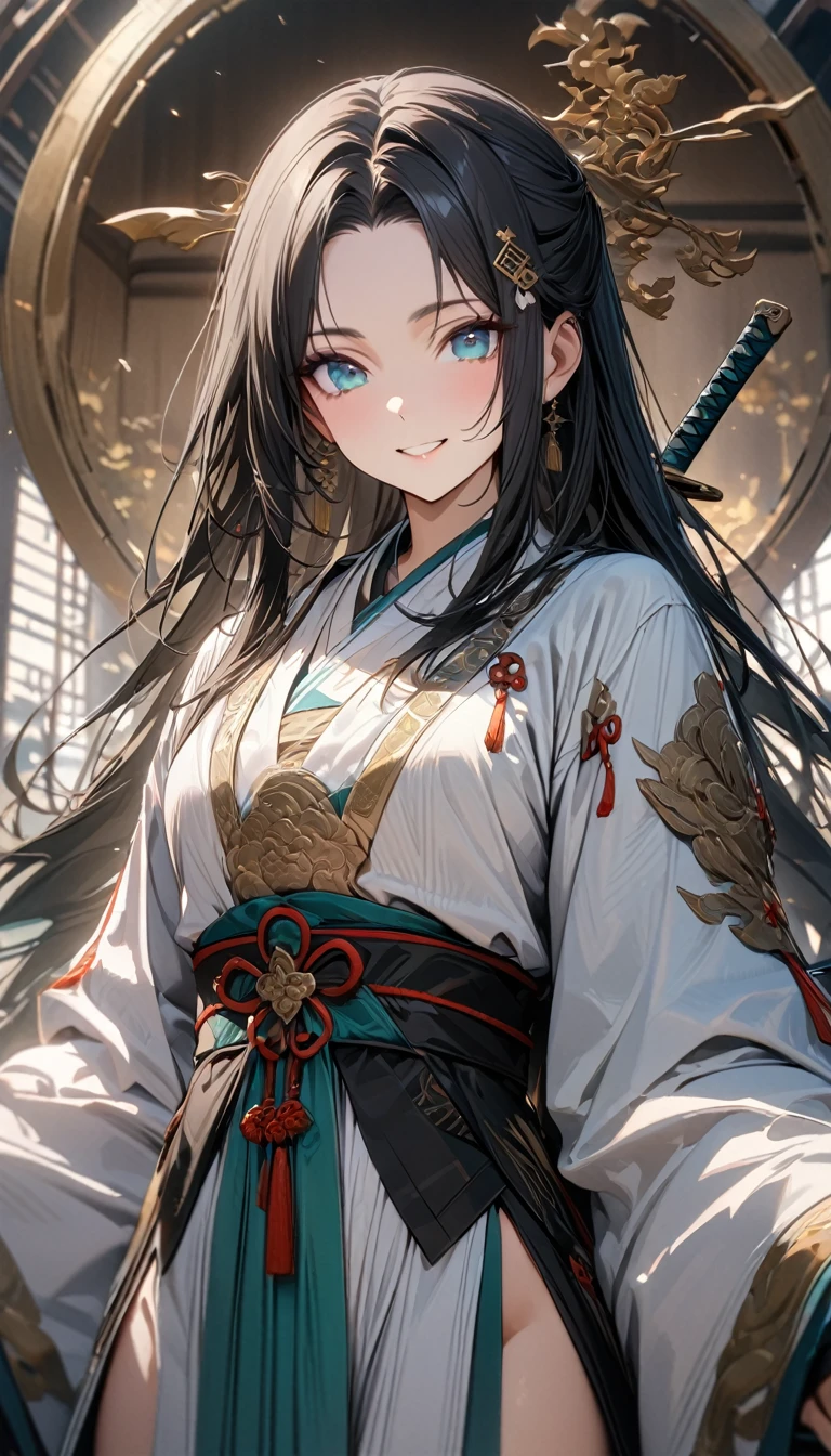 adult girl, long black hair, turquoise eyes, Daosist hairpin, white hanfu, wide neckline, open legs, sword, smile, Dao, Masterpiece, best quality, Full HD, 8k, ultra details, great graphic