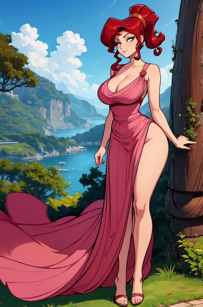 Megara - hot sexy red hair girl in long pink dress, big tits, thick legs