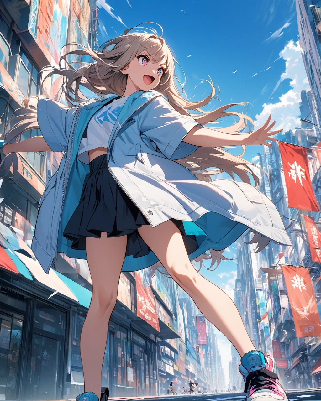 Dynamic anime art of a young girl with long hair and vibrant eyes, wearing an oversized jacket, t-shirt, short skirt, and sneakers. She is positioned in an energetic pose, set against a cityscape background with blue skies and various urban elements like banners and buildings. The scene is filled with a sense of excitement and motion, with her hair and clothes appearing wind-swept.
