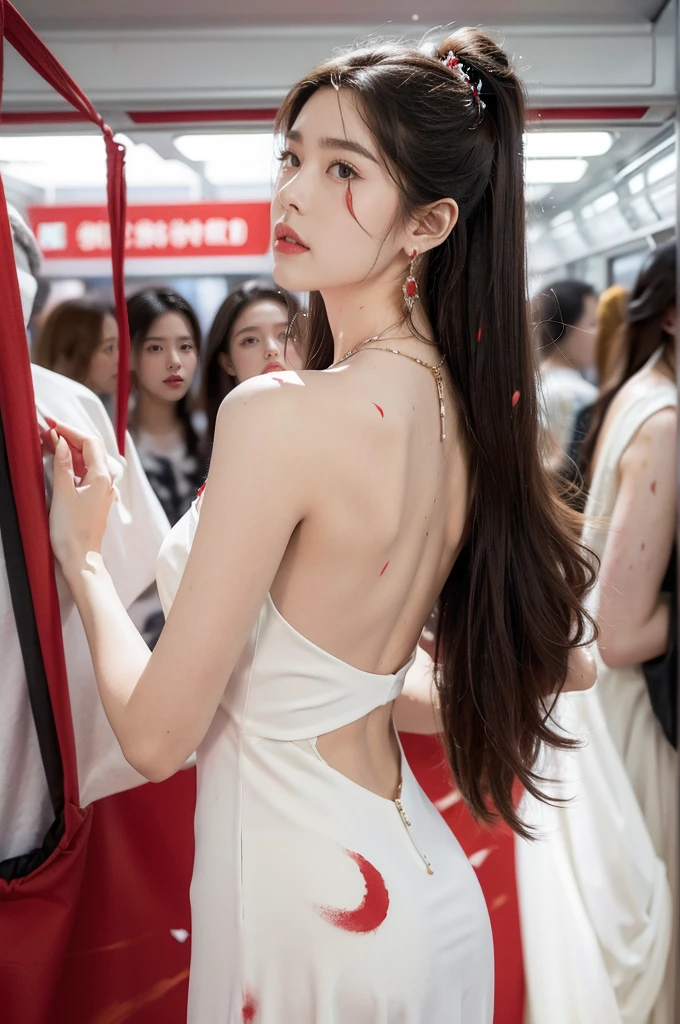 (((best quality))),(((ultra detailed))),(((masterpiece))),illustration,(a stunning girl,solo),(shoulder length straight hair:1.2),((earrings,necklace)),((slim,thin)),((bare back,towering hips,butt crack)),(standing:1.3), ((awkwardly,painful,embarrassed)),(In modern high-speed railway carriages:1.3),(white dress splattered with red paint stains:1.5),(surrounded by crowded crowds:1.3),((from back,upper body))