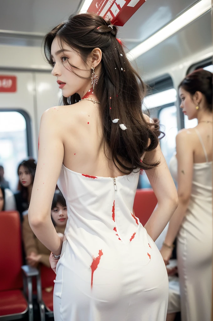 (((best quality))),(((ultra detailed))),(((masterpiece))),illustration,(a stunning girl,solo),(shoulder length straight hair:1.2),((earrings,necklace)),((slim,thin)),((bare back,towering hips,butt crack)),(standing:1.3), ((awkwardly,painful,embarrassed)),(In modern high-speed railway carriages:1.3),(white dress splattered with red paint stains:1.5),(surrounded by crowded crowds:1.3),((from back,upper body))