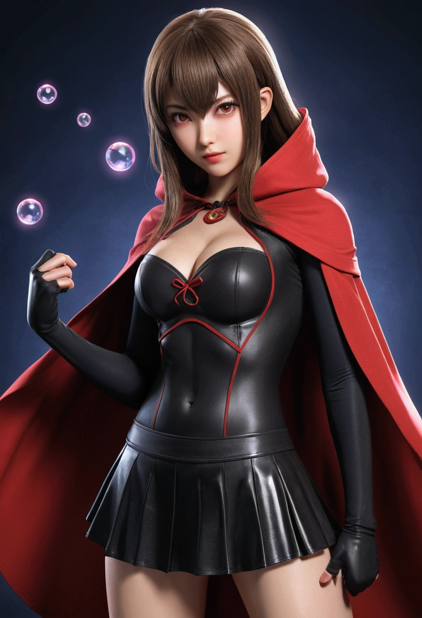 A beautiful girl with a mysterious light that illuminates the dark night.  She wears a red leather suit and a long red hooded coat, and is the strongest magician who harbors and unleashes the power of black.