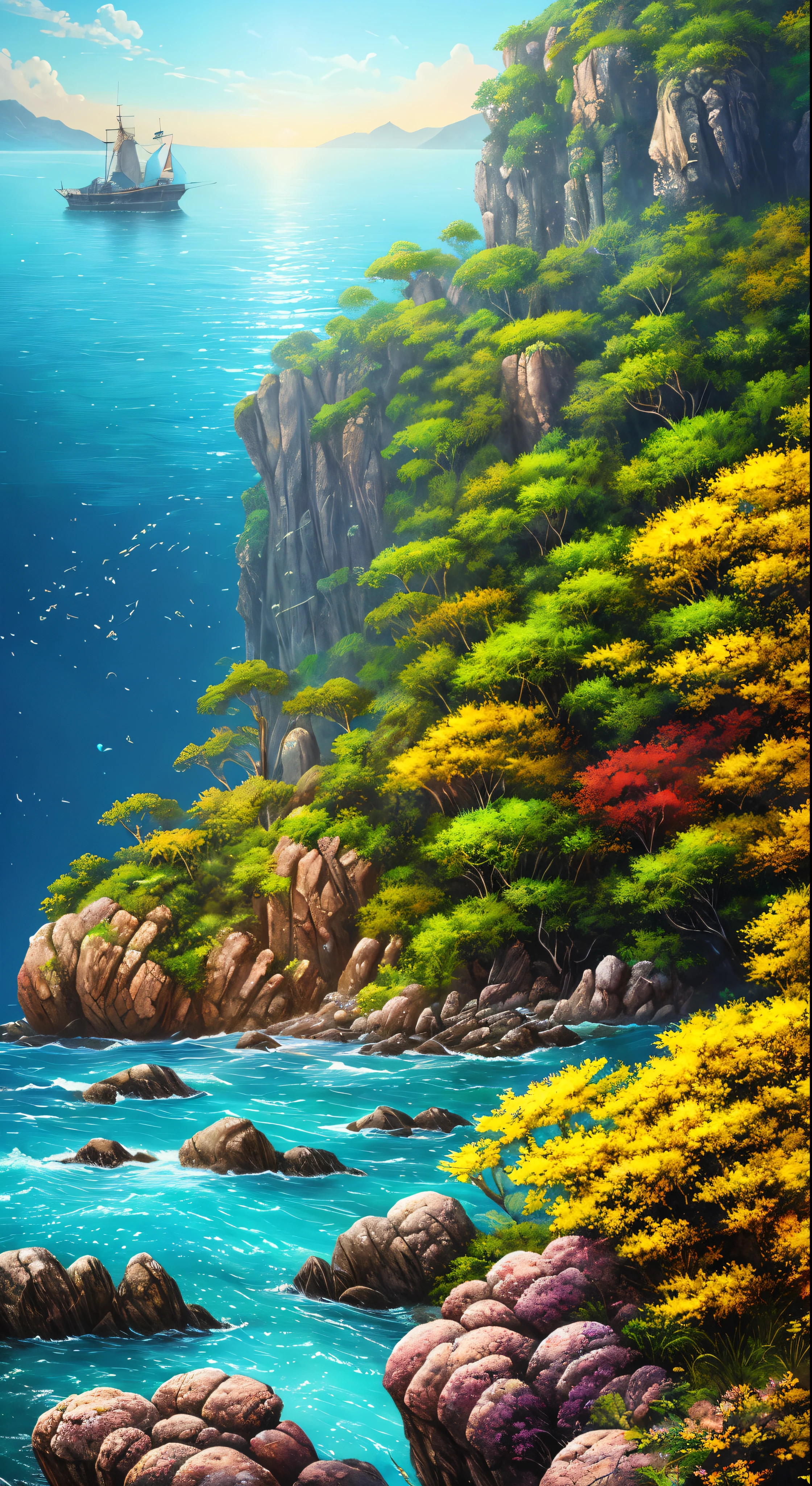 (masterpiece、Highest quality:1.2)、Ultra-detailed、Cinematic lighting、HDR、An illustration、Giant rocks as habitats in the ocean、colorful、Procession stoneystery、High detail、High contrast、Golden ratio composition、Spectacular viewasterpiece、Like a fortress on the sea