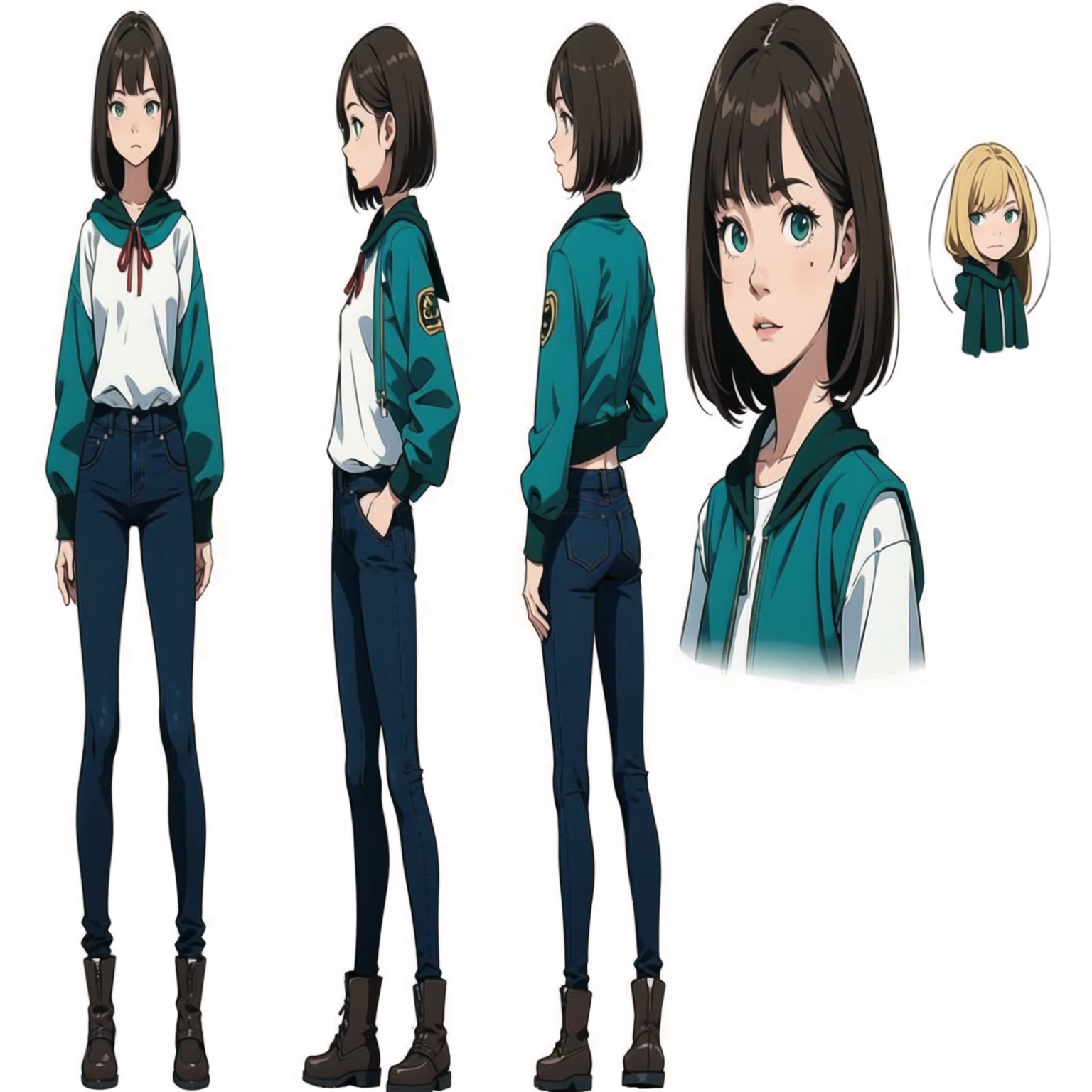 (masterpiece), best quality, (character design sheet, same character, full body, left and right side, back, front ), illustration, (beautiful detailed hair detailed face), 1 young girl, solo, perfect feminine face, very cute young school girl age of 18, pose zitai, detailed design character, yellow brown hair, left sided bangs, shorr length hair, green eyes, , full jeans pant , full collor tshirt (simple background, white background: 1.3)