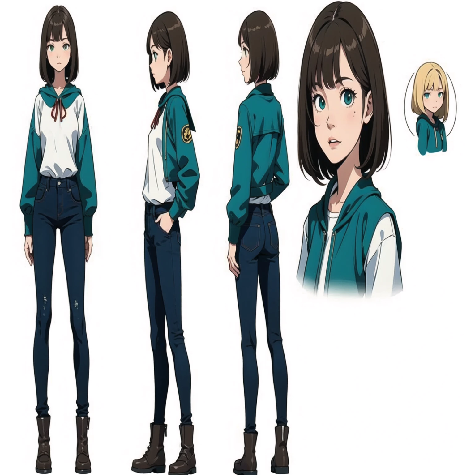 (masterpiece), best quality, (character design sheet, same character, full body, left and right side, back, front ), illustration, (beautiful detailed hair detailed face), 1 young girl, solo, perfect feminine face, very cute young school girl age of 18, pose zitai, detailed design character, yellow brown hair, left sided bangs, shorr length hair, green eyes, , full jeans pant , full collor tshirt (simple background, white background: 1.3)