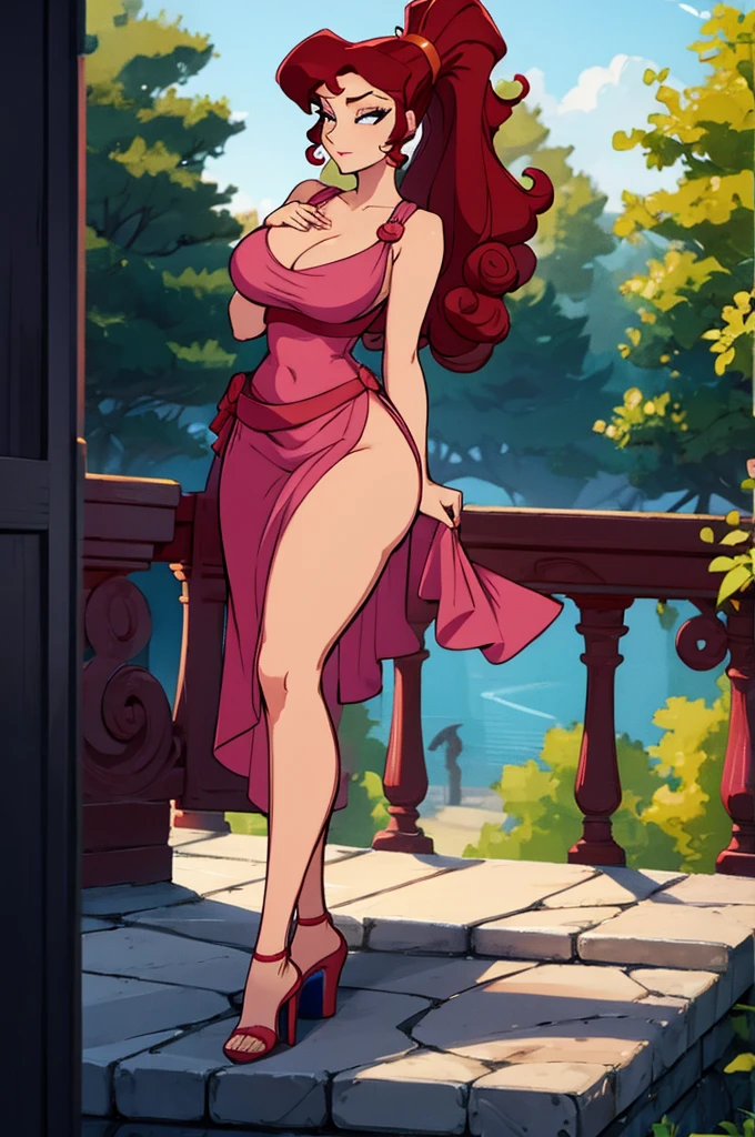 Megara - hot sexy red hair girl in long pink dress, big tits, thick legs