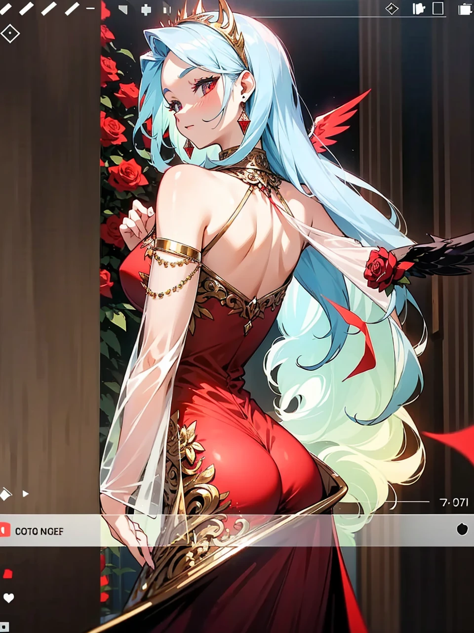 Add in roses to her dress, a good back dress design with some golden jewelry, make her dress into a red and white gown with a hat, give her some unique Jewelry, and make her look somewhat of a demonic angel like appearance to her