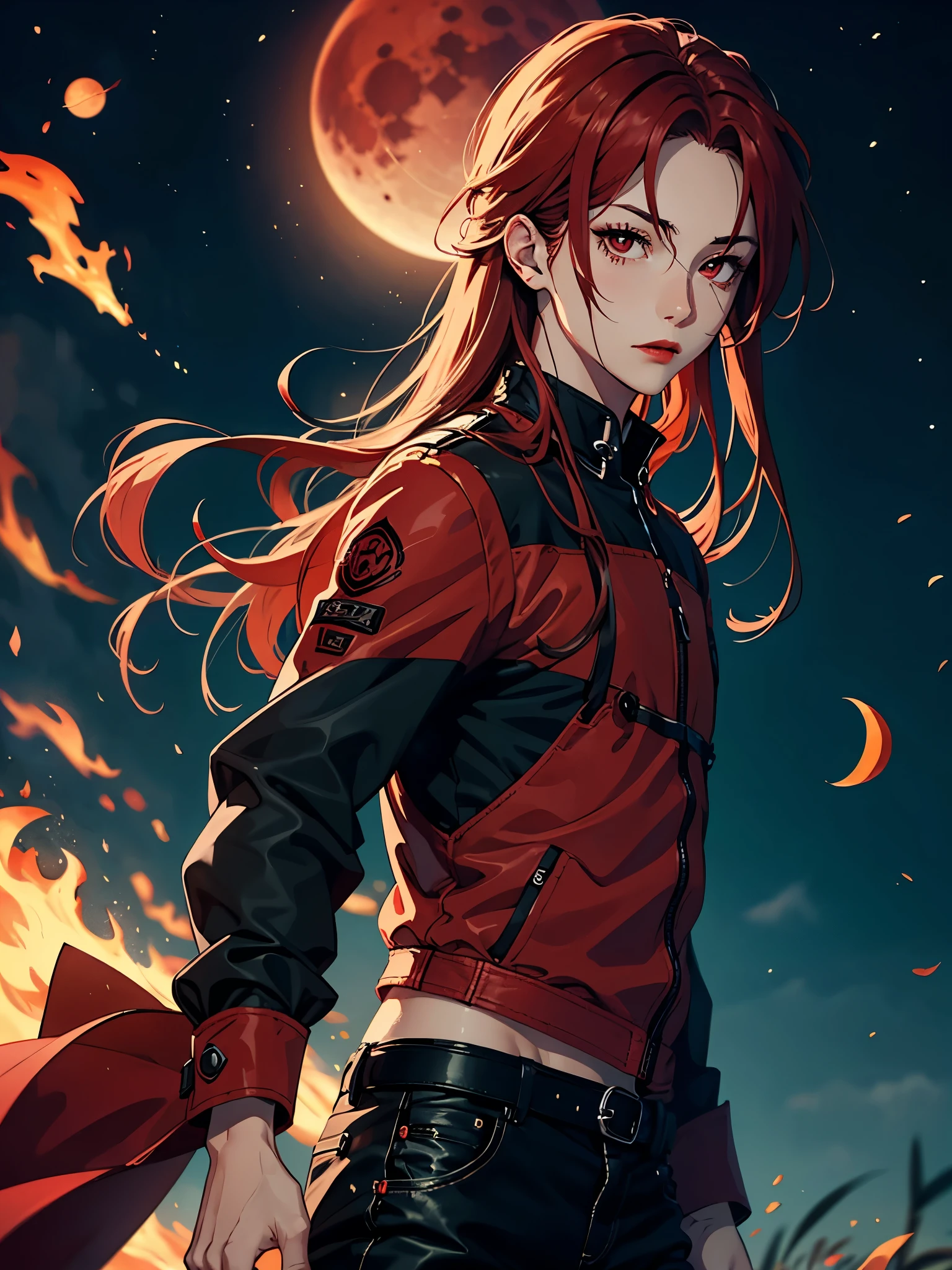 Red lipstick. 火. 火rote Haare. Red hair. Red eyeliner. Blood Moon. More anime. male. Long hair. Boy.