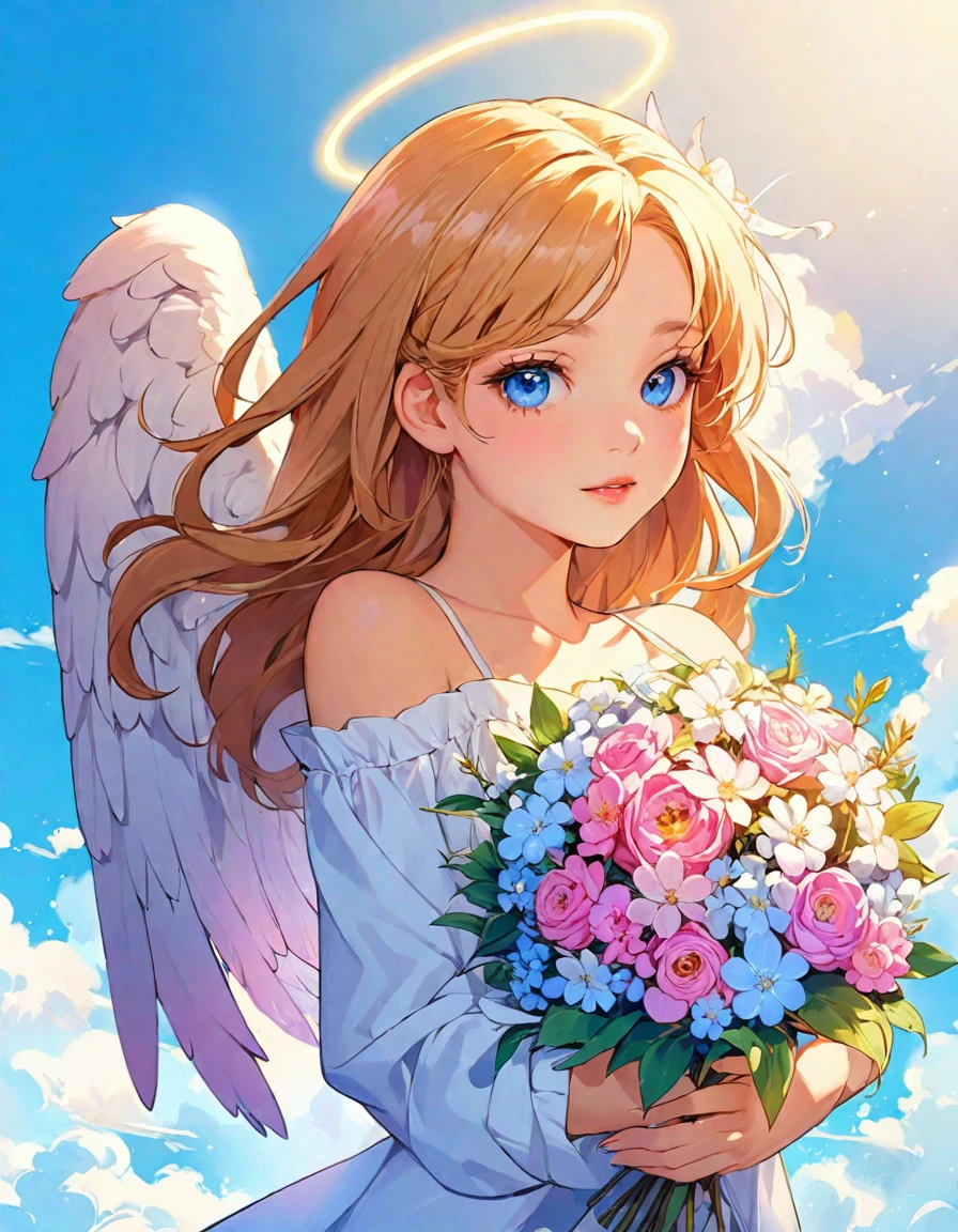 空に花とAngelic羽を持つアニメの天使, Angel Girl, of an beautiful Angel Girl, Angelical, Beautiful angel, Angel themed, of Beautiful angel, Angelic, portrait of a Beautiful angel, Angel themed, Winged girl angel, Beautiful woman angel, Angelic purity, beautiful Angel Girl portrait, Inspired by Marie Angel, Angelic騎士少女, Detailed fan art