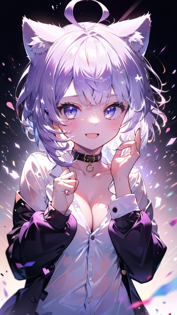 (Ultra-high resolution,masterpiece, Attention to detail, Highest quality), 8k,(aaokayu, short hair, ahoge, animal ears, cat tail, black collar, neck ribbon, purple ribbon, collarbone, cleavage, dress shirt, collared shirt, button gap, black jacket, open clothes),(Blessed,Captivating body、Ultra-detailed skin、Super beautiful eyes、Detailed Background),One girl、 (cheerful ,enjoy :1.5),