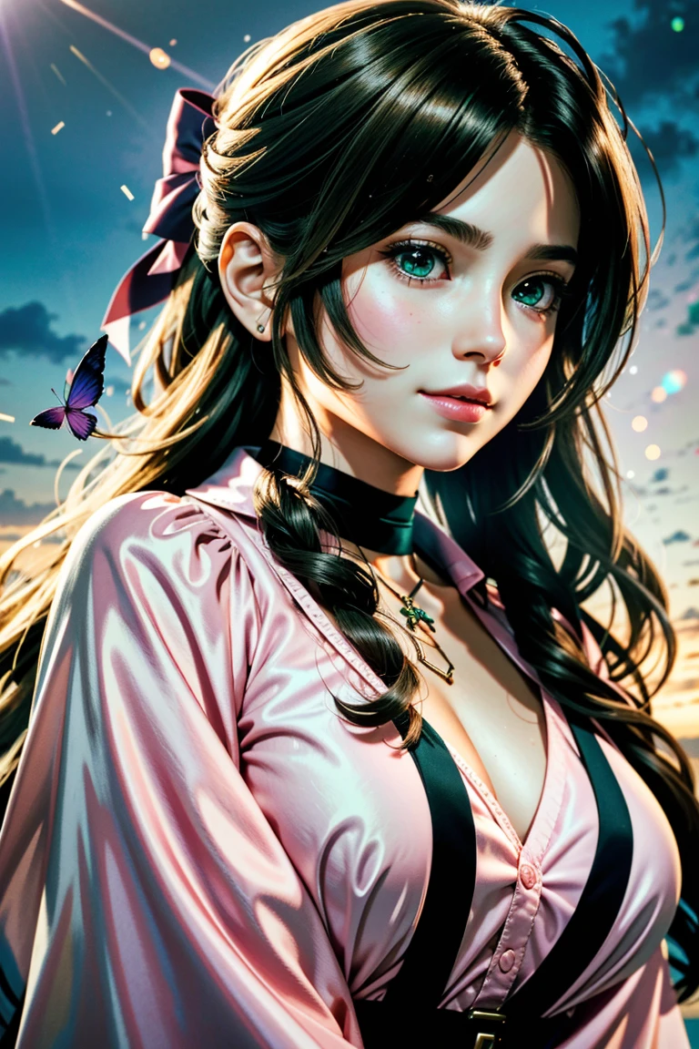 beautiful cartoon style aerith gainsborough, adam hughes artwork, completely nude sexualized, highest detail highest quality, seductress, perfectly clear eyes, sultry, powerful aura, sexy as all hell, irresistible, erotic, simplified comicbook style, nsfw, sexulized, artgerm, trending artstation , vectorial art,  out, magical make up, body tangled up in millions of pink ribbons, cinematic lighting, small diminutive breasts, beautiful face break background of white clouds glowing with sun rays, she is gift wapped bdsm style, extremely provocative , she wants sex so bad, flaunting her sexy body