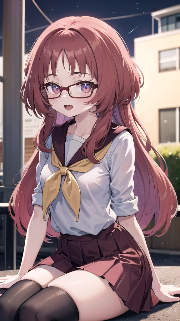 Masterpiece, perfect lighting, (beautiful, Best quality: 1.3), Perfect eyes, absurd, 8k, 1 girl, alone, (absurds), finely detailed, very large, Violet eyes, red hair, red glasses, small breasts, smiling , open mouth, in love, looking at viewer, posing flirtatiously, thighs, glasses, wide, black stockings, Serapuku, sailor collar, yellow scarf, white shirt, red dress, red hair, sitting in the park at the night