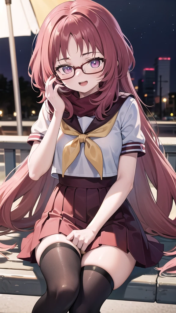 Masterpiece, perfect lighting, (beautiful, Best quality: 1.3), Perfect eyes, absurd, 8k, 1 girl, alone, (absurds), finely detailed, very large, Violet eyes, red hair, red glasses, small breasts, smiling , open mouth, in love, looking at viewer, posing flirtatiously, thighs, glasses, wide, black stockings, Serapuku, sailor collar, yellow scarf, white shirt, red dress, red hair, sitting in the park at the night