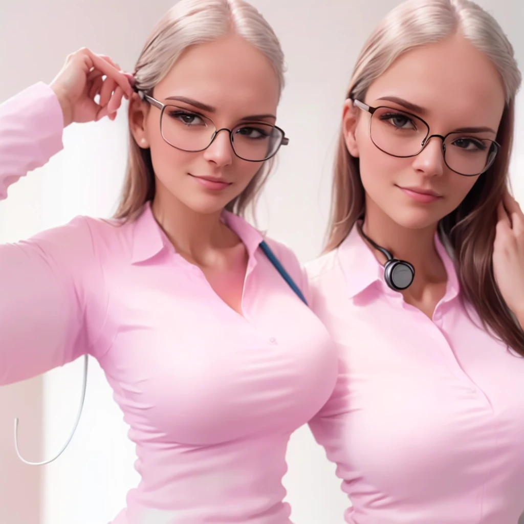 arafed woman in a white shirt and glasses with a stethoscope, wearing lab coat and glasses, Doctor, wearing a lab coat and blouse, Anna Nikonova aka Newmilky, With glasses, with a stethoscope, nurse girl, medical Doctor, neckline, (Doctor), wearing a lab coat, close body shot, nerd, wearing glasses