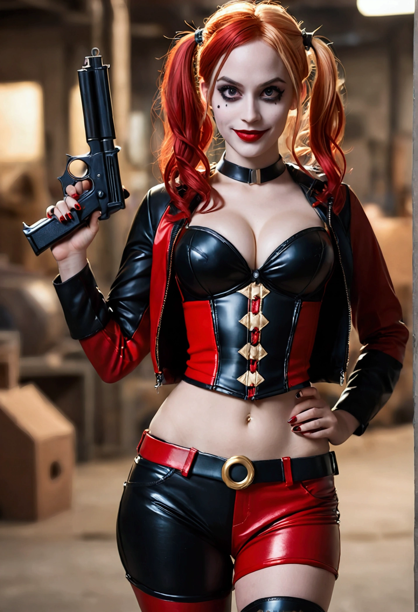 ultra realistic, photography, long red hair, girl, 24 years old, hourglass figure, perfect body, Flirty look, extremely detailed artgerm, in the style artgerm, small breasts, facing the camera, lens 35 mm, blur background, Harley Quinn costume, toy factory as background, toy gun in her hand