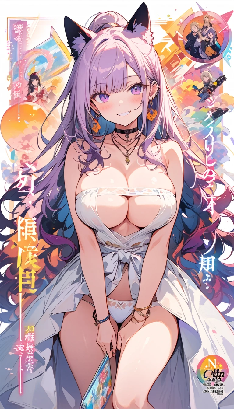 NIIGAKIHINA, PURPLE HAIR, TWO-TONE HAIR, SPLIT-COLOR HAIR, PINK HAIR, BLUNT BANGS, VERY LONG HAIR, PURPLE EYES, large breasts, live stage, solo, nipple, naked