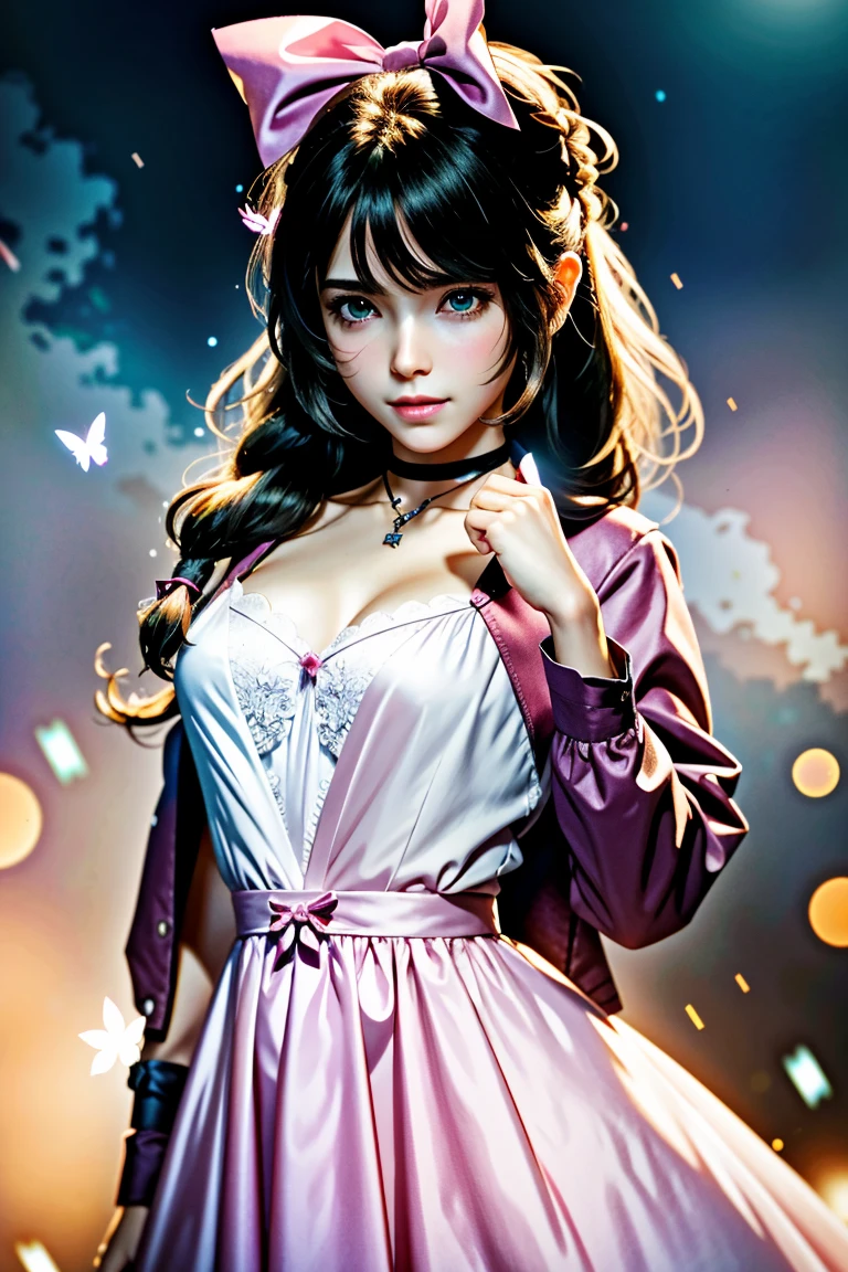 (masterpiece, 最high quality)
Aeris FF7, 1 Girl, alone, Long Hair, bangs, Brown Hair, dress, bow, ribbon, jewelry, Closed Mouth, Green Eyes, Red jacket, hair ピンクribbon, Upper Body, Braid, hair bow, Side Lock, choker, necklace, lips, parted bangs, pink bow, Portraiture, ピンクdress,  Photorealistic,Ultra HD,high quality,masterpiece,Digital SLR,Detailed details,Intricate details,Anatomical basis,Depicted in detail,A detailed face,Realistic skin texture,Vivid details,Perfect Anatomy,Perfect Anatomy,Anatomically correct hand,Anatomically correct fingers,Super Detail,Complex 3D rendering,Huge ,Sexy pose,Beautiful hydrangea,Rainy Sky,Beautiful scenery,Fantastic rainy sky,Beautiful night sky,Picturesque,Pink Lips,smile,Fantastic butterflies々,
