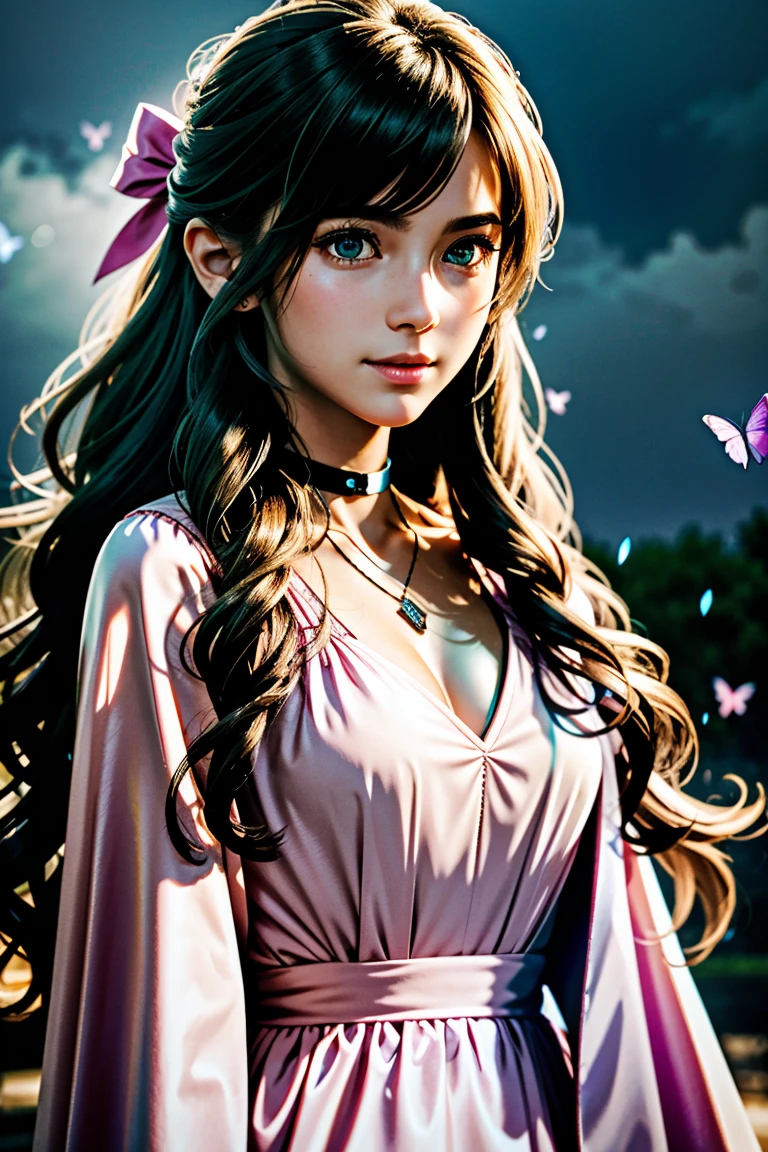 (masterpiece, 最high quality)
Aeris FF7, 1 Girl, alone, Long Hair, bangs, Brown Hair, dress, bow, ribbon, jewelry, Closed Mouth, Green Eyes, Red jacket, hair ピンクribbon, Upper Body, Braid, hair bow, Side Lock, choker, necklace, lips, parted bangs, pink bow, Portraiture, ピンクdress, Photorealistic,Ultra HD,high quality,masterpiece,Digital SLR,Detailed details,Intricate details,Anatomical basis,Depicted in detail,A detailed face,Realistic skin texture,Vivid details,Perfect Anatomy,Perfect Anatomy,Anatomically correct hand,Anatomically correct fingers,Super Detail,Complex 3D rendering,Huge ,Sexy pose,Beautiful hydrangea,Rainy Sky,Beautiful scenery,Fantastic rainy sky,Beautiful night sky,Picturesque,Pink Lips,smile,Fantastic butterflies々,
