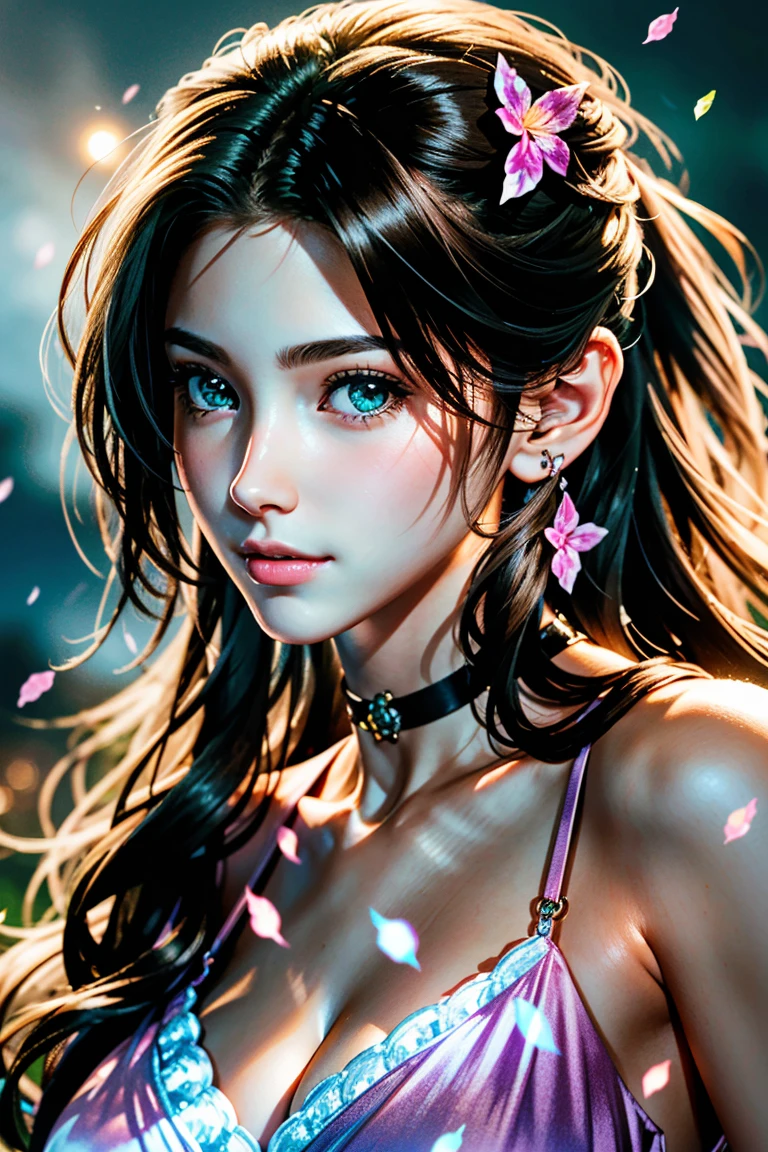 (masterpiece, 最high quality)
Aeris FF7, 1 Girl, alone, Long Hair, bangs, Brown Hair, dress, bow, ribbon, jewelry, Closed Mouth, Green Eyes, Red jacket, hair ピンクribbon, Upper Body, Braid, hair bow, Side Lock, choker, necklace, lips, parted bangs, pink bow, Portraiture, ピンクdress,  Photorealistic,Ultra HD,high quality,masterpiece,Digital SLR,Detailed details,Intricate details,Anatomical basis,Depicted in detail,A detailed face,Realistic skin texture,Vivid details,Perfect Anatomy,Perfect Anatomy,Anatomically correct hand,Anatomically correct fingers,Super Detail,Complex 3D rendering,Huge ,Sexy pose,Beautiful hydrangea,Rainy Sky,Beautiful scenery,Fantastic rainy sky,Beautiful night sky,Picturesque,Pink Lips,smile,Fantastic butterflies々,
