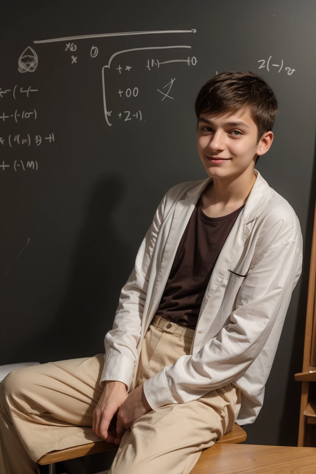 A young male twink, 22 years old, with a cute, angelic face and black hair, wearing a luxurious, long-sleeved, white shirt and brown medieval pants. Behind him is a blackboard with mathematical equations written on it, and he looks proudly as he sits at a desk with medical tools on it.