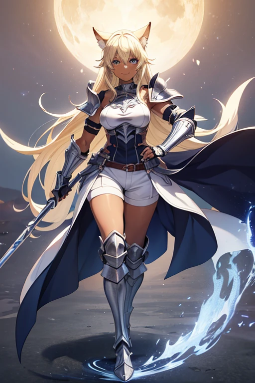 Anime Art、Full body portrait、Fantasy World Berserker、A dark-skinned woman with cat-like ears and a tail, around 180cm tall and around 37 years old, wearing silver armor and white shorts and holding a huge halberd.、Bossy smiling face、Her hairstyle is short and medium length.、Blonde、Blue Eyes、Wears gloves, silver arm guards, silver leg guards and shoulder armor