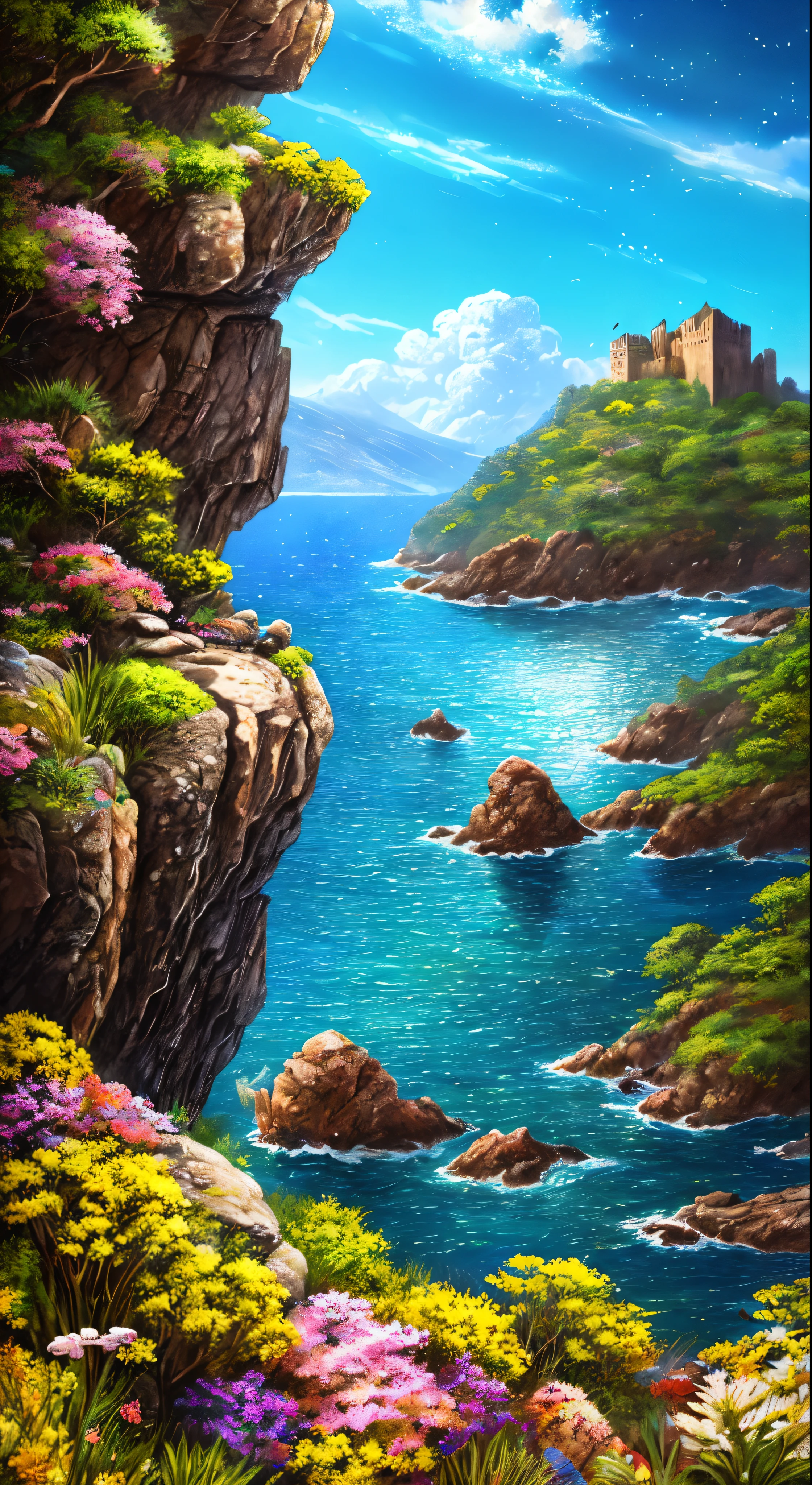 (masterpiece、Highest quality:1.2)、Ultra-detailed、Cinematic lighting、HDR、An illustration、Giant rocks as habitats in the ocean、colorful、Procession stoneystery、High detail、High contrast、Golden ratio composition、Spectacular viewasterpiece、Like a fortress on the sea