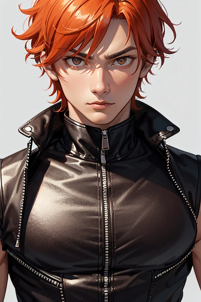 (Absurd, High resolution, Ultra-detailed), 1 male, Adult, good looking, Muscular face, Broad shoulders, Detailed drawn eyes, Orange Hair, Hair style and hair length are random, Brown eyes, Leather Vest, wonderful, mysterious, Bright glow,  Serious expression, cold, Thoughtful,