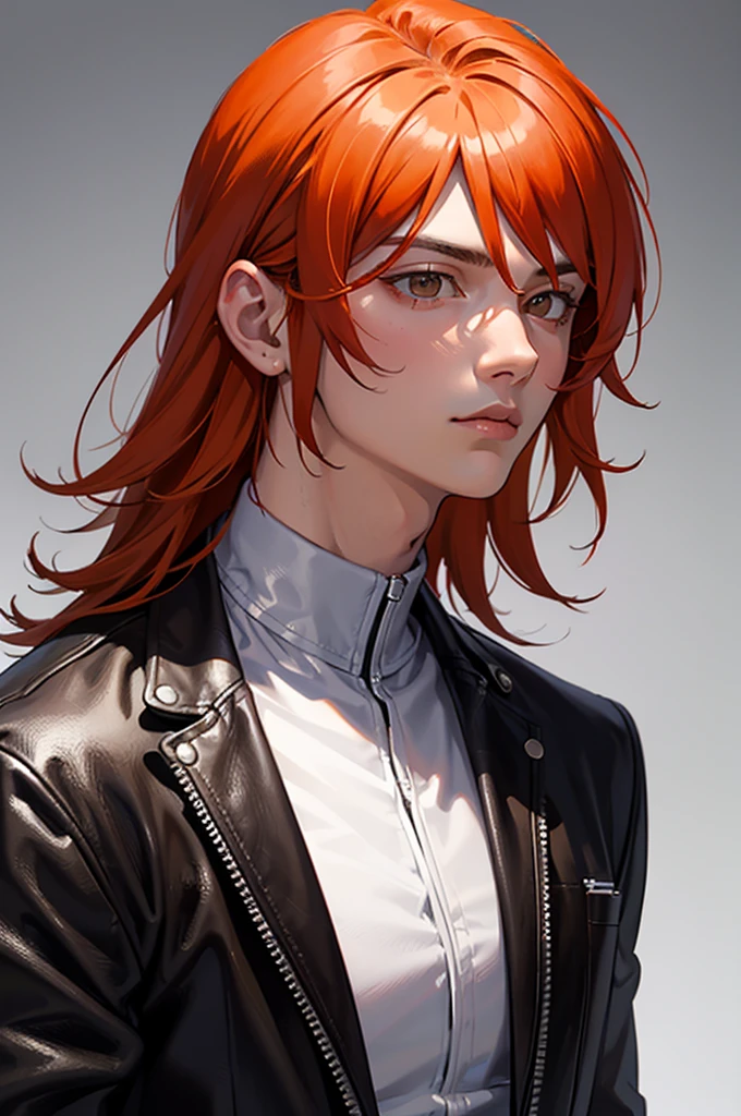 (Absurd, High resolution, Ultra-detailed), 1 male, Adult, good looking, Muscular face, Broad shoulders, Detailed drawn eyes, Orange Hair, Hair style and hair length are random, Brown eyes, Leather Vest, wonderful, mysterious, Bright glow, Serious expression, cold, Thoughtful,