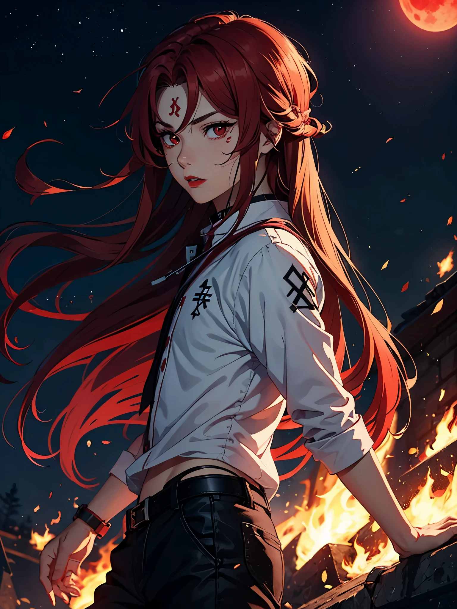 Red lipstick. Runes. 火. 火rote Haare. Red hair. Red eyeliner. Red Moon. More anime. male. Long hair. Boy.