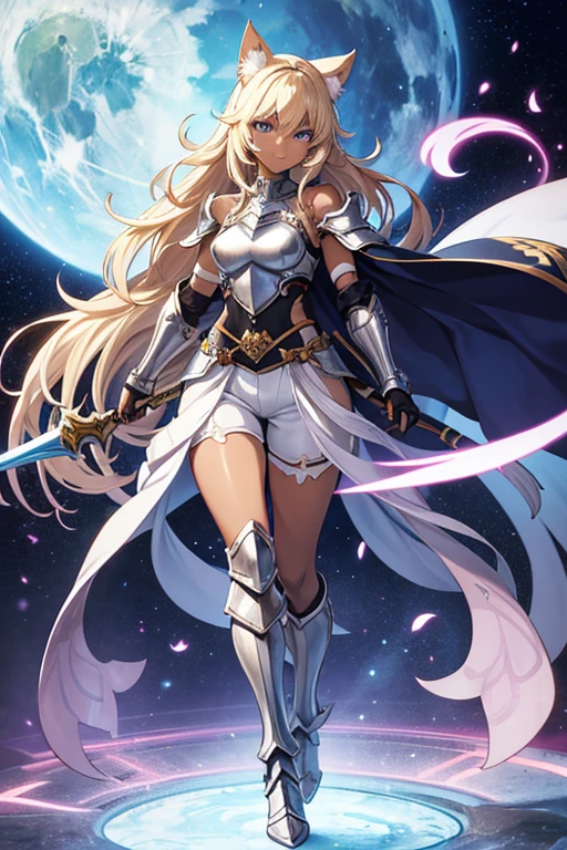 Anime Art、Full body portrait、Fantasy World Berserker、A dark-skinned woman with cat-like ears and a tail, around 180cm tall and around 37 years old, wearing silver armor and white shorts and holding a huge halberd.、Bossy smiling face、Her hairstyle is short and medium length.、Blonde、Blue Eyes、Wears gloves, silver arm guards, silver leg guards and shoulder armor