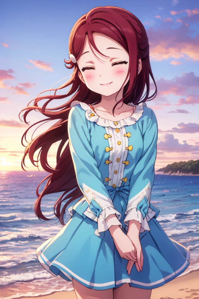 (masterpiece, Highest quality), One girl,  Riko Sakurauchi、smile, Blushing, Shiny Hair, Hair blowing in the wind, Close your eyes and lean in close, Sparkle Effect, beach、Sunset、Ocean、White dresountain