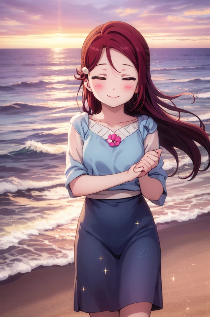 (masterpiece, Highest quality), One girl,  Riko Sakurauchi、smile, Blushing, Shiny Hair, Hair blowing in the wind, Close your eyes and lean in close, Sparkle Effect, beach、Sunset、Ocean、White dresountain