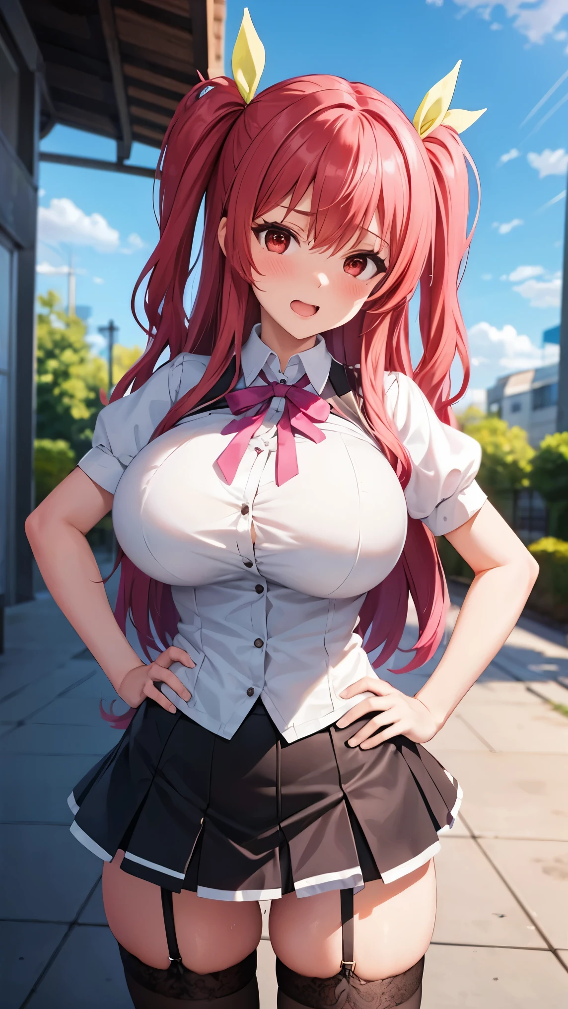 best quality,1girl,((big breasts:1.5)),curvy,orgasm,ahegao,blush,Stella Vermillion, 1girl, thighhighs, garter straps, ribbon, red eyes, long hair, yellow ribbon, red hair, hair ribbon, solo, hand on hip, two side up, pink hair, black thighhighs,((school uniform)), outdoors, looking at viewer,mini skirt,lift skirt,upskirt,white panties,lace panties,black thighhighs,pussy juice