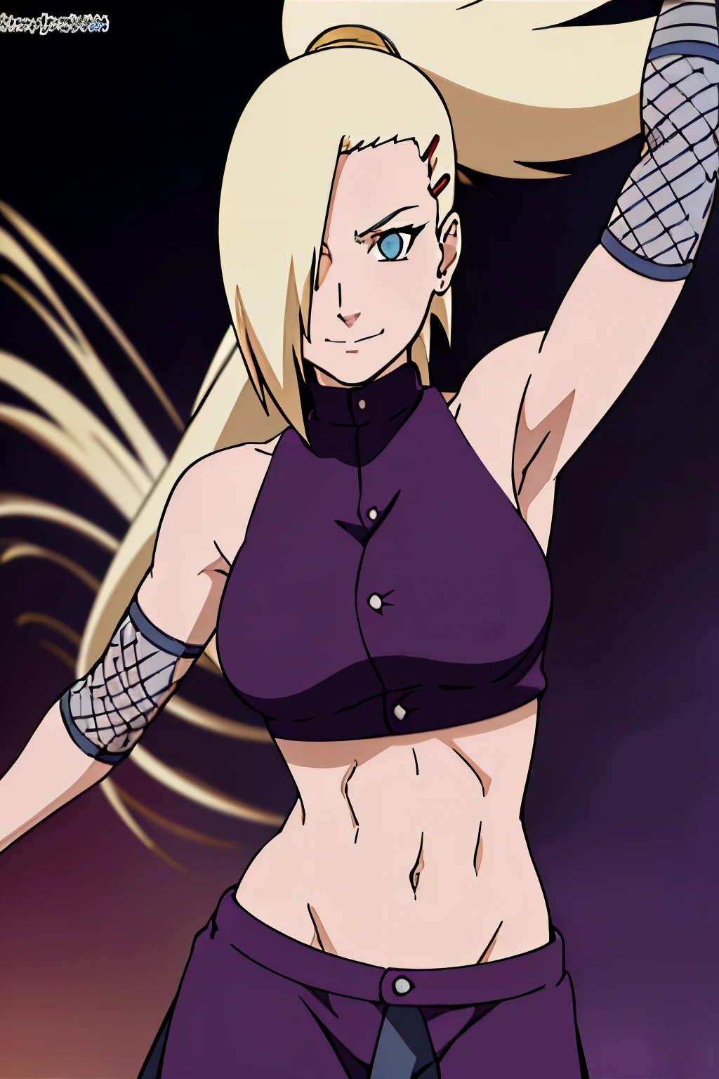 (Purple clothes), Ino yamanaka, (ultra details:1.4), ultra detailed hair, looking at the viewer, (biceps:1.0), bare shoulders:1.6, (ultra detailed arms:1.5), attractive, groin, cowboy shot, ultra detailed face, (ultra detailed body:1.3), sunny day, day time, shiny skin, upper body view, anime style, solo, detailed flower field, blonde, (focus on body), ((one eye covered with hair, hair over eye, ponytail)), (medium breasts:1.0), belly button, looking at the viewer, thick arms, (off-shoulders, wide shoulders, curving body), hidden eye, smile, closed mouth, one hair clip only, very happy, tall, sharp look, sharp face, sharp eye, cold colors,