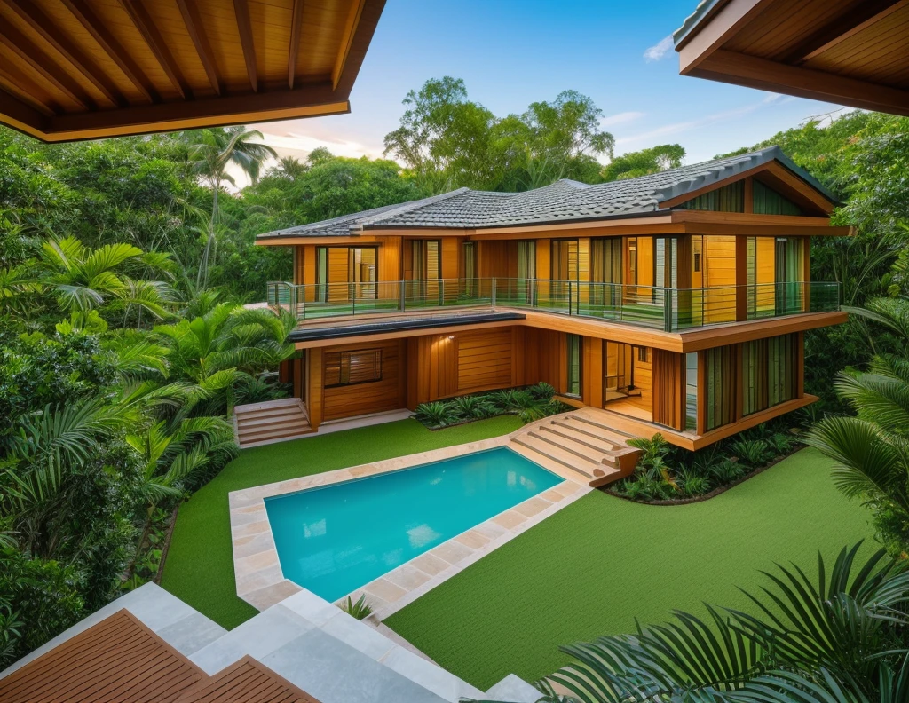 The modern tropical-style house at sunrise, situated halfway up a tropical hill, features exterior walls made of stone combined with natural wood materials, glass railings, balcony with plants, glass windows, beautiful landscape with grass and tropical trees, green lawn, deep green and orange color scheme, and a green tiled roof.